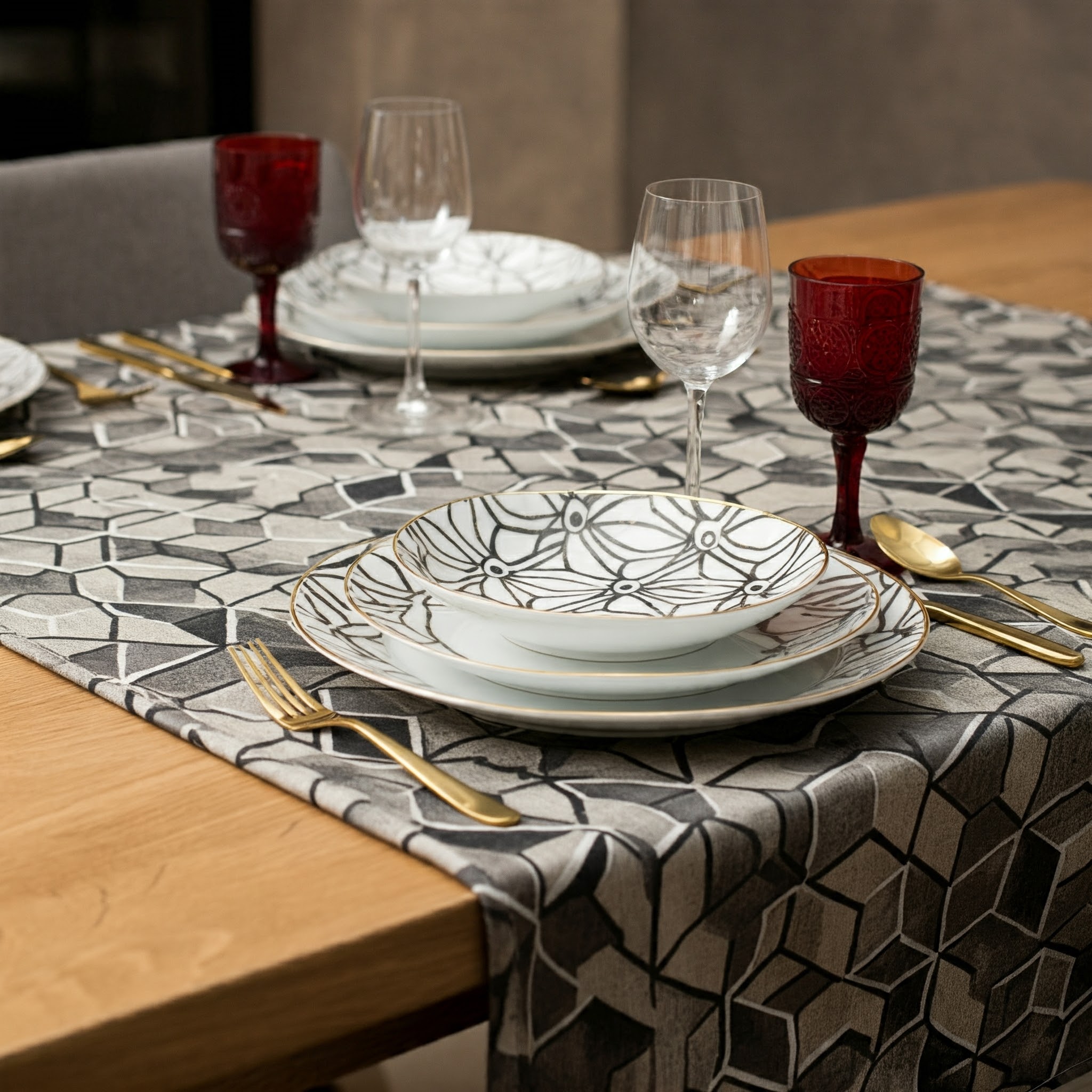 utilizing glassware with geometric designs or metallic accents